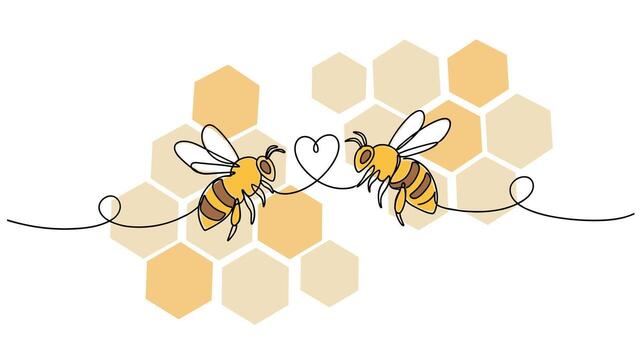 Charming bees create a heart with a delicate line, perfect for honey labels or romantic designs vector
