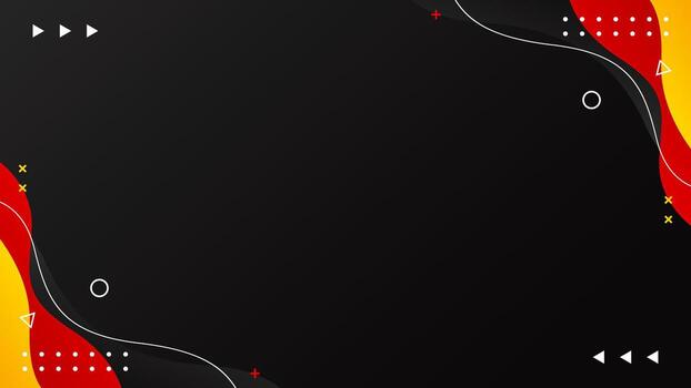 Abstract black, red, and yellow fluid wave background with geometric shapes. Modern dynamic wallpaper vector