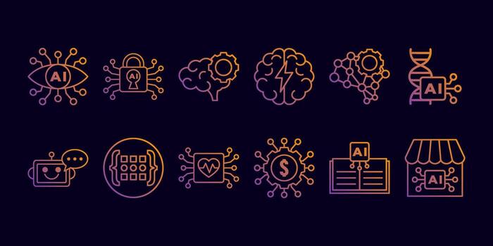 AI neon gradient line icon bundle showing brain, robotics, neural network, coding, and finance technology. Perfect for tech, innovation, data, and futuristic digital projects. vector