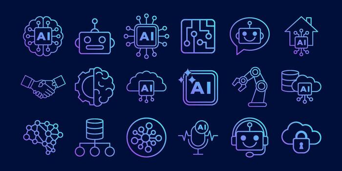 Artificial intelligence gradient line icon bundle featuring robots, neural networks, automation, data, and cloud systems. Perfect for tech, innovation, and futuristic digital projects. vector
