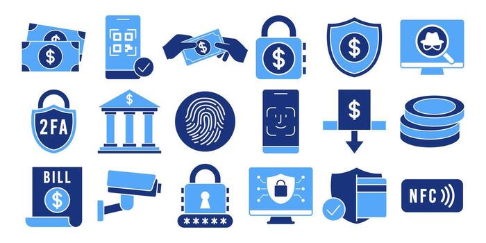 Secure Banking and Payment Flat Colored Icon Bundle with Cybersecurity and Mobile Wallet Symbols vector