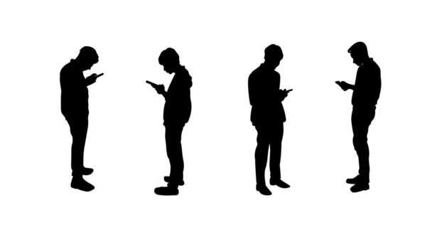 silueta de hombres en pie y utilizando teléfonos inteligentes, simbolizando digital estilo de vida, social conexión, y moderno comunicación vector