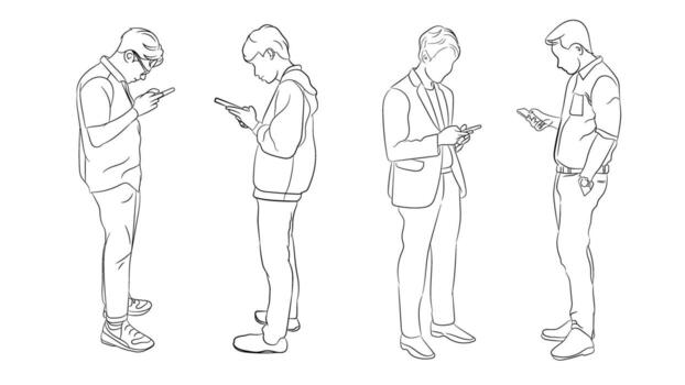 Outline illustration of four men looking at their smartphones. Concept of social networking, digital addiction, and modern communication vector