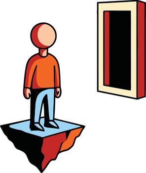 Man on Island Facing Mysterious Doorway vector