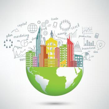 Creative drawing chart and graphs business plan idea on globe, Business world concept modern design template work flow layout, diagram, step up vector