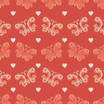 Seamless pattern with butterflies and hearts on a red background. vector