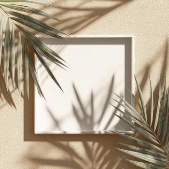 A white square frame on a tan wall with palm leaves photo
