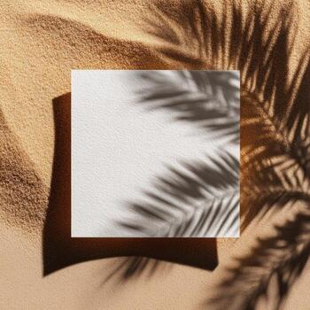 A square piece of paper on a sand dune with a palm tree photo