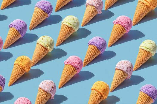 Many ice cream cones are arranged in a pattern photo