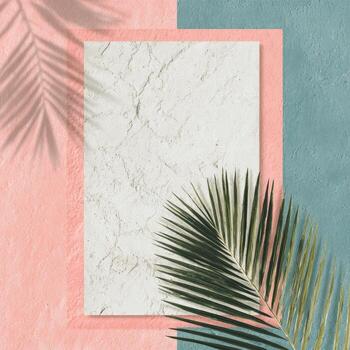 Palm leaves and a square frame on a pink and blue background photo