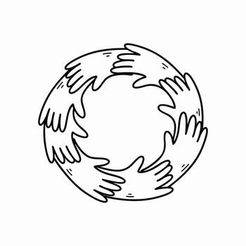 Black and White Line Art of Hands Embracing in a Circle for Unity and Teamwork Concept vector