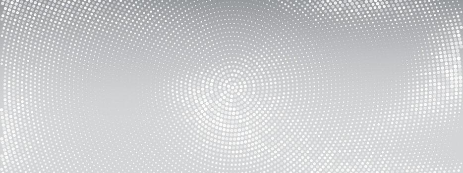 Gray background with white dot pattern forming radial wave effect. Circular spots create abstract halftone texture from center outward. tech graphic with geometric grid. vector