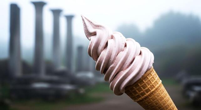 Refreshing soft serve ice cream cone against a backdrop of ancient columns photo