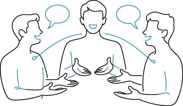 Three people talking with speech bubbles and blue lines connecting them vector