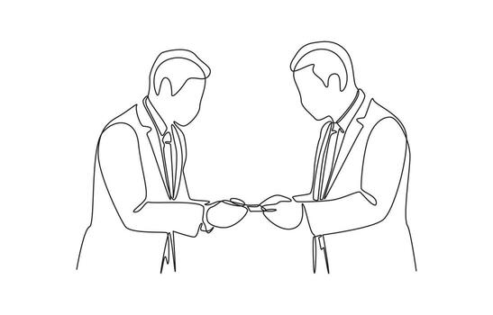 Continuous one line drawing of two businessmen exchanging business cards while bowing, symbolizing professionalism, respect, cultural etiquette, and business networking, single line art. vector