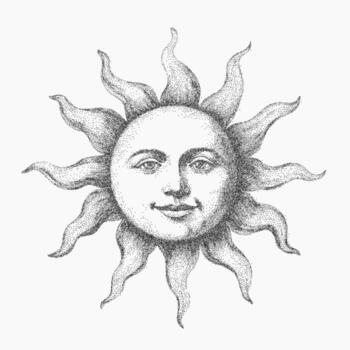 Sun with a human face inside, minimal line art and stippled details, gritty texture with threshold grain and paper speckle across the surface. vector