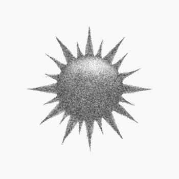 Black drawing of the sun with sharp rays, gritty ink fill and threshold shadows, grainy background with stippled texture and paper dust. vector