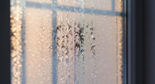 Frosted Window with Snowflake Patterns and Ice Crystals in Cold Weather Scene photo