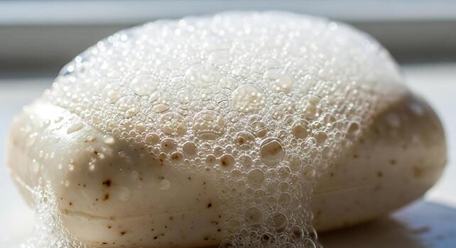 White Soap Bar with Bubbles Under Natural Light on Clean Surface photo