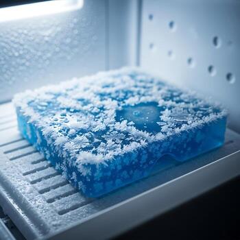 Frozen Ice Cube with Snowflake Patterns Inside Refrigerator Shelf photo