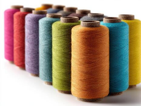 Row of colorful sewing thread spools on white background photo