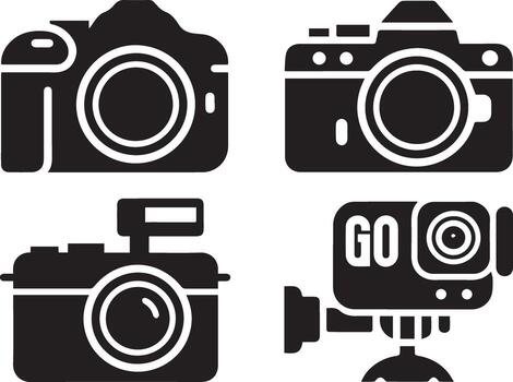 Modern photo camera icon collection with flash for digital applications. vector