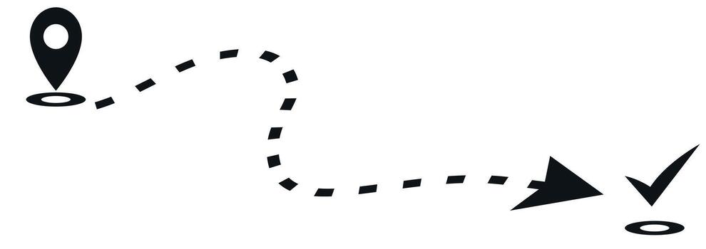 Dotted line with location pin arrow and check mark showing travel route and destination path concept vector
