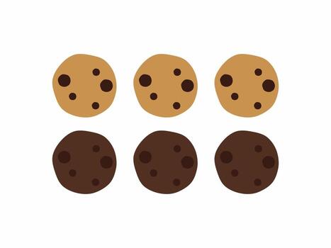 Simple illustration of six classic round cookies, including three chocolate chip and three double chocolate cookies on a white background vector