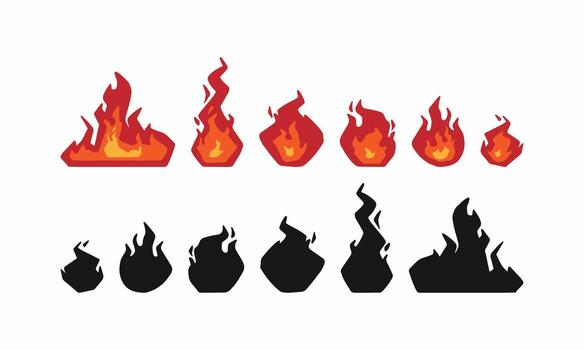 Full set of fire icons and flame shapes. Graphic element collection in different sizes for security, power, burning, and high temperature concepts vector
