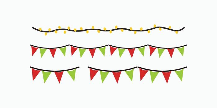 Illustration of festive decorative elements, a string of warm fairy lights and three lines of red and green triangular celebration bunting flags vector