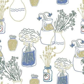 seamless pattern with wildflowers in vases and jars in hand drawn style vector