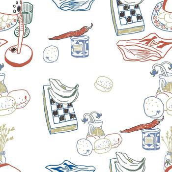 seamless pattern with fruits and chess on table in hand drawn style vector