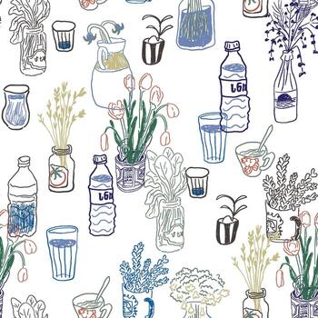 sin costura modelo con flores silvestres en poder, botellas y frascos en mano dibujado estilo vector