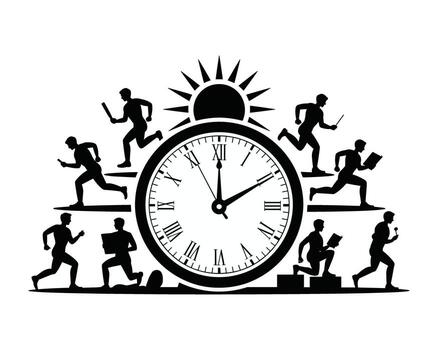Silhouettes of people running around a large clock face with a sunburst behind it symbolizing urgency and time management vector
