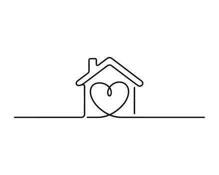 Minimalist continuous line drawing of a house with a heart inside symbolizing love and home vector
