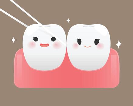 Adorable teeth enjoying flossing time with sparkling smiles. vector