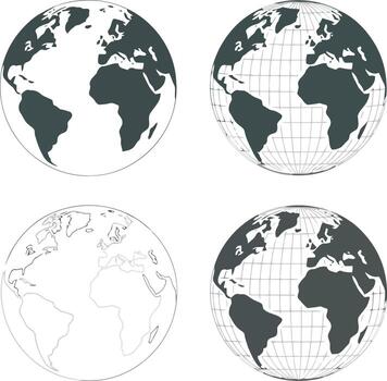 Four globe illustrations showing continents and latitude longitude lines vector