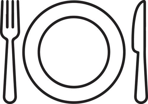 Simple line art icon of a place setting with plate fork and knife vector