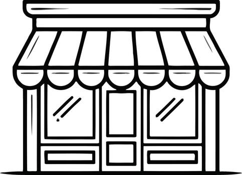 Simple line drawing of a storefront with awning and windows vector