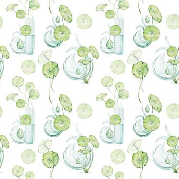 centella asiática acuarela sin costura patrón, te tengo reajuste salarial hojas en tubo para cosmético. herbario fondo, ayurveda medicina orgánico para anti envejecimiento cosmético. botella, prueba t ube, esencia líquido, aceite. laboratorio suero, cubilete con realista verde petróleo gotita vector