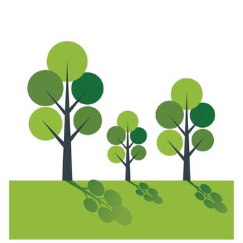 Three simplistic trees with green canopy and dark trunk sit upon a verdant lawn with shadows vector