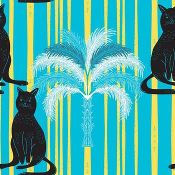 un sin costura modelo con negro gatos y palma arboles vector