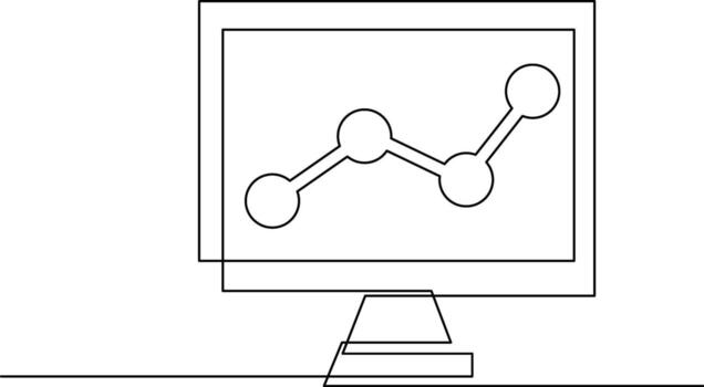Continuous one line computer dashboard system, data analysis and growth trends Illustration on transparent background. vector