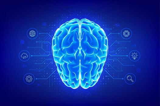Abstract blue brain with technology symbols vector