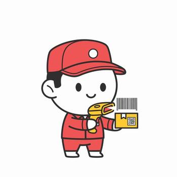 Delivery worker scanning package with barcode reader for shipping process. vector