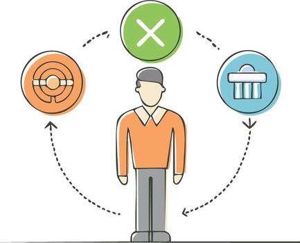 A man is surrounded by icons that represent different options vector