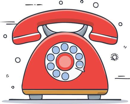 Retro red rotary dial telephone communication device illustration with playful lines and circles vector