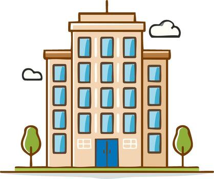 Modern multi story building facade with blue windows green trees and clouds cartoon style vector