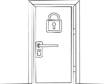 negro y blanco línea Arte dibujo de un cerrado puerta con un candado símbolo representando seguridad y restringido acceso vector