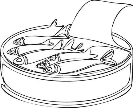 Open can of sardines in oil drawn with a single black line on a white background vector